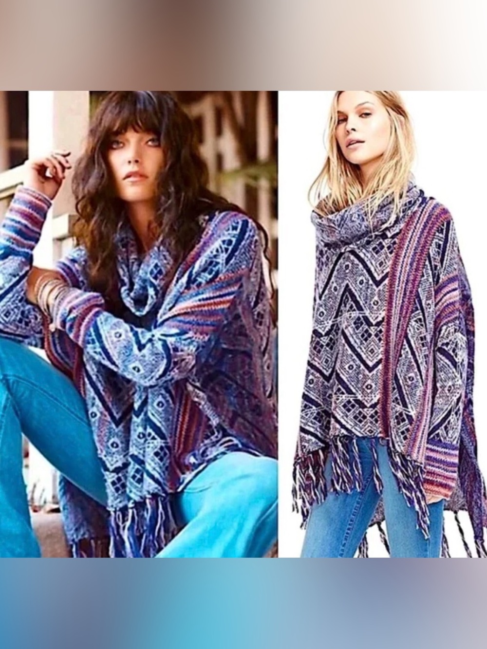 Free People Boho Fringe Knit Poncho Sweater in Heathered Gray & Navy